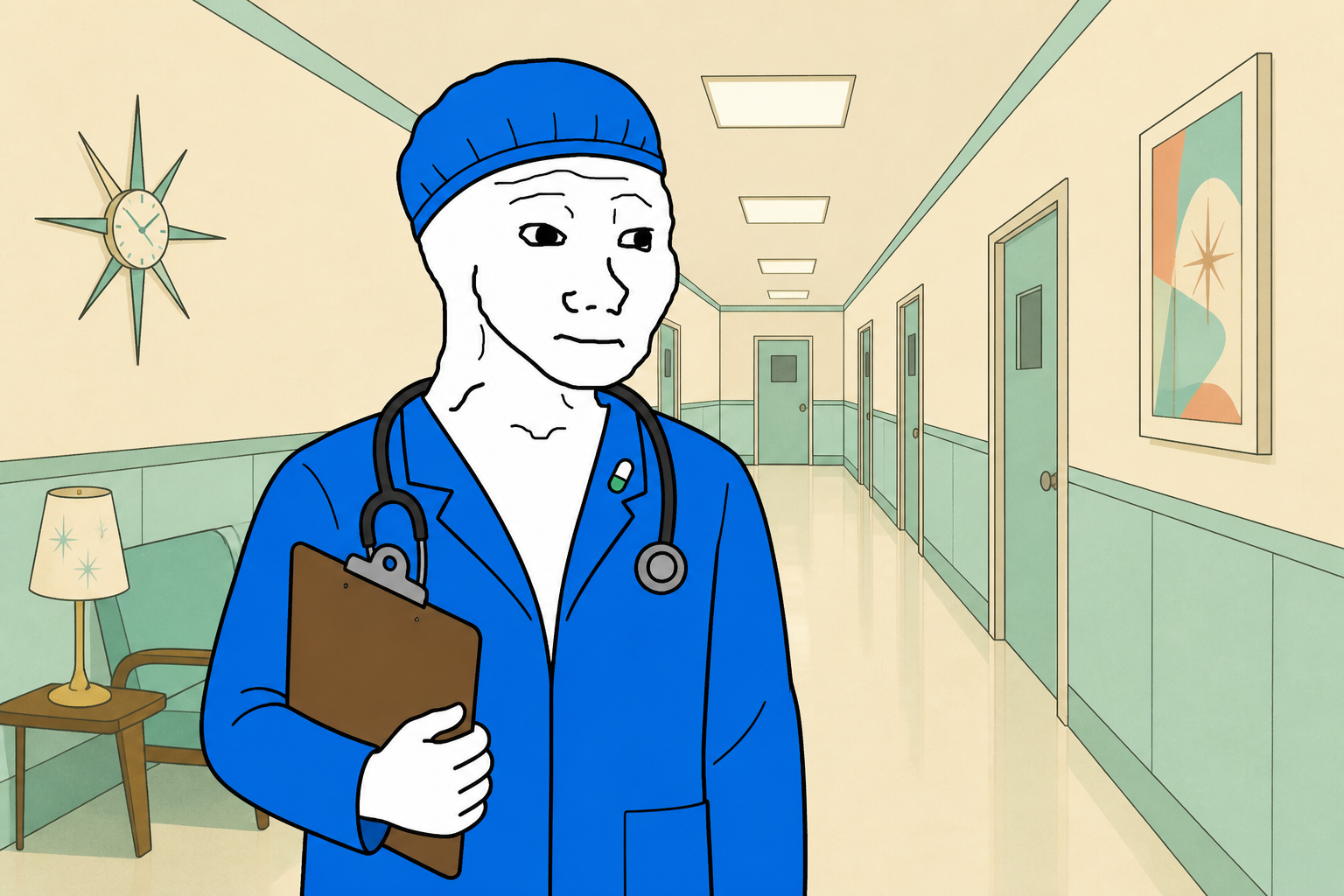 Dr. Feels on rounds with a clipboard